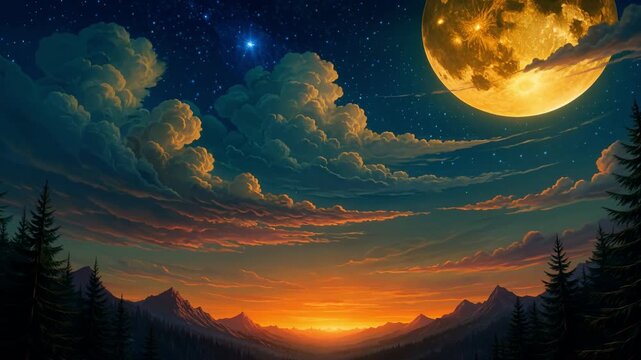 Glowing Full Moon Shining Over Mountain Valley And Pine Forest During Vivid Sunset