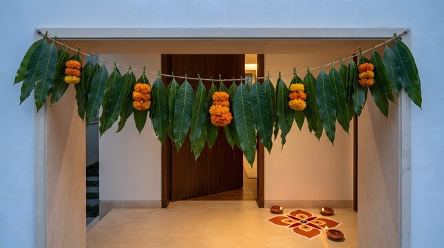 Traditional Indian doorway decoration. Green mango leaves and orange marigold flower toran hanging on a lintel. Colorful rangoli pattern with lit clay diyas on the floor for Diwali festival