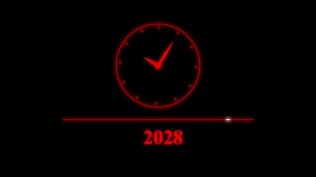 Clock timeline animation displays future calendar year milestones. Chronological schedule telemetry coordinates guide clock timeline animation. Deadline time management updates on timeline.