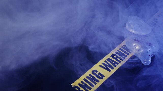 Blood Stained Condom and Torn Warning Tape at a Dark Crime Scene