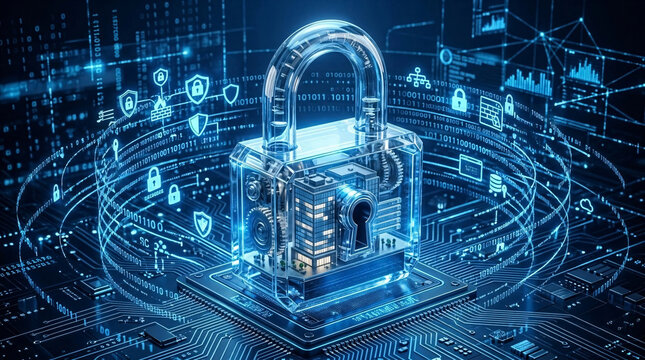 A glowing glass padlock enclosing a digital building on a circuit board platform, symbolizing cybersecurity, data protection, and encrypted network safety.