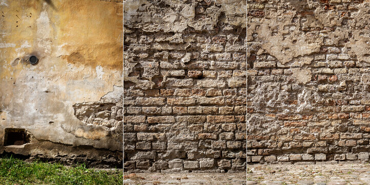 Collection of images with old cracked plaster and brick wall. Abandoned exterior urban backgrounds