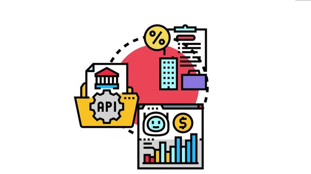Open financial services concept showing an application programming interface connecting banking institutions, corporate solutions, and user interfaces for accessible money management
