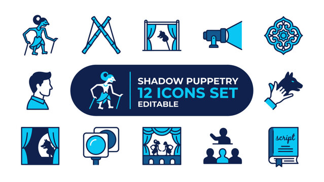 Shadow Puppetry Icon Set: A vibrant collection of graphic icons depicting elements of traditional shadow puppetry, including puppets, stage, screen, and characters, presented in a clean.