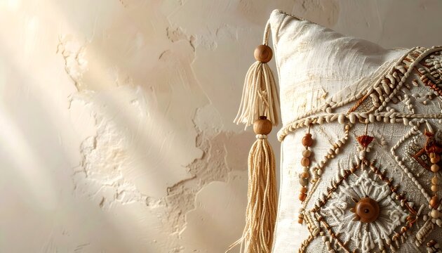 Bohemian afrohemian decor cushion with tassels and texture