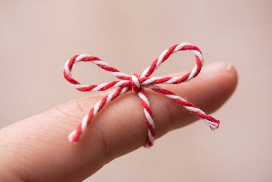 Red and White String Bow Tied Around Finger for Memory and Reminder Concept