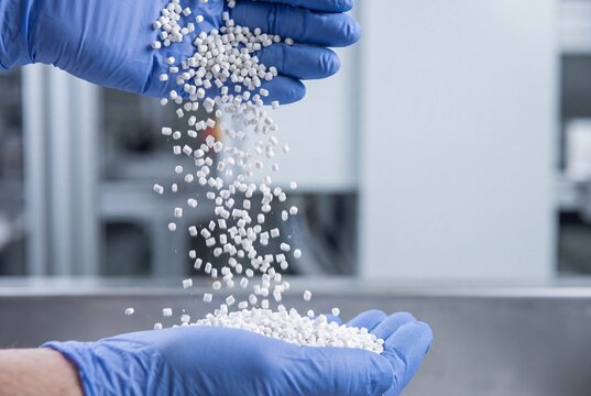 Worker Pouring White Plastic Pellets Between Gloved Hands in Industrial Facility