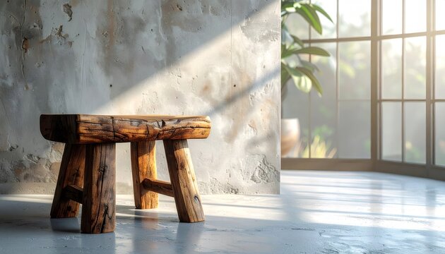 Rustic wooden stool in afrohemian decor living room