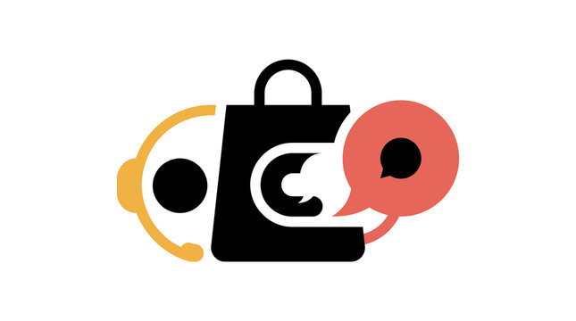 E-commerce customer service support icon with shopping bag, headset, and speech bubble