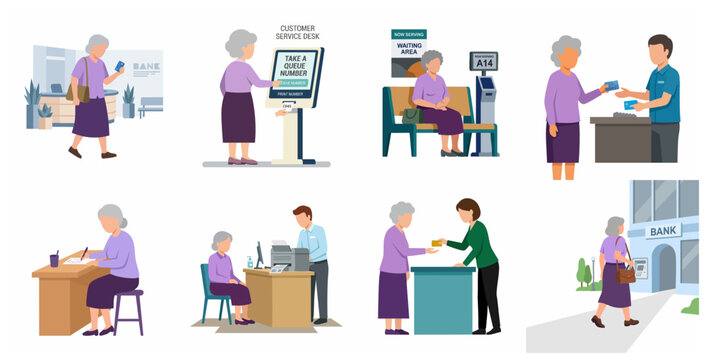 Senior Woman at Bank Vector Illustration Set: Elderly Customer Using ATM, Taking Queue Number, Waiting in Line, and Talking to Teller for Financial Services