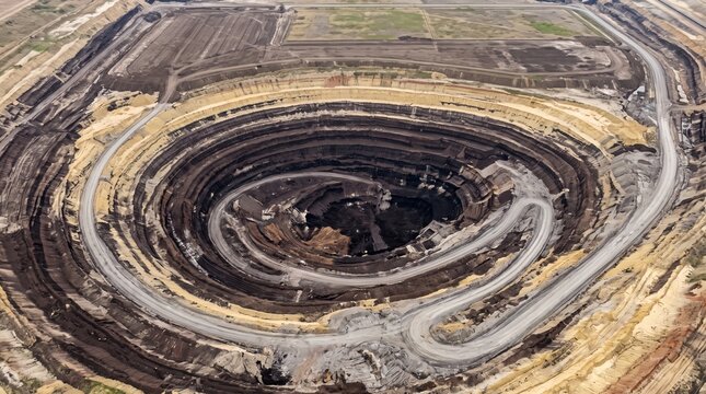 Aerial View of Deep Open Pit Mine Terraces and Haul Roads