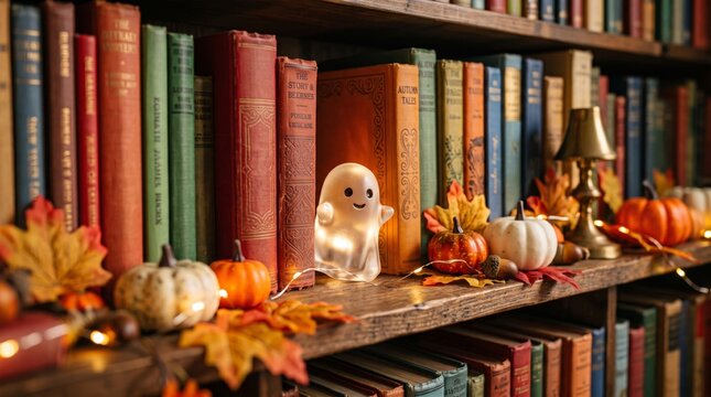 Tiny glowing ghost stands among vintage books and autumn pumpkins on a warmly lit library shelf for Halloween