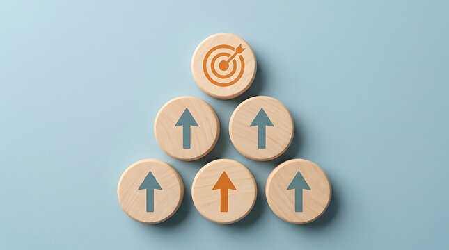 Wooden discs with upward arrows and bullseye target symbolizing success and goal achievement