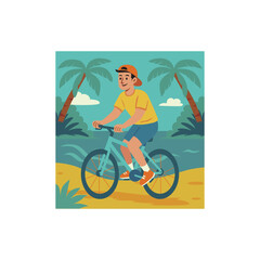 Obraz premium Happy young man cycling on tropical beach near palm trees, summer vacation lifestyle cartoon vector illustration for poster or banner design