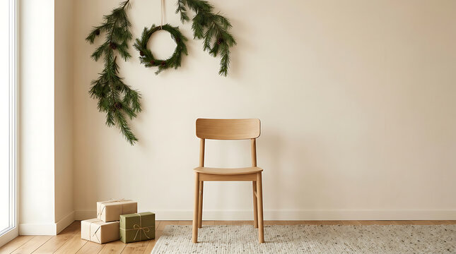 Minimalist wooden chair positioned inside modern bright living room decorated featuring festive evergreen pine branches holiday wreath and wrapped gift boxes resting softly upon light textured wool ru