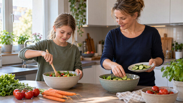 Deutsche Mutter und Tochter bereiten gemeinsam einen frischen Salat zu