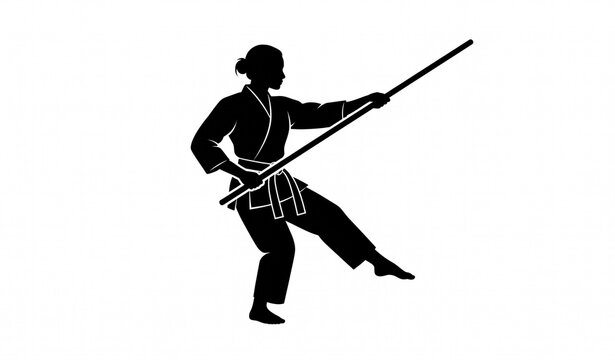 Martial Artist Staff Fighting Pose Black Silhouette Vector
