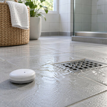 Leak sensor beside a wet bathroom floor drain