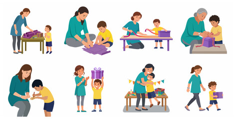 Fototapeta premium Set of illustrations of a mother, grandmother and a boy wrapping gifts, preparing for a birthday or holiday celebration