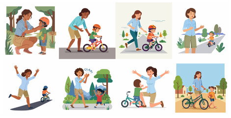 Fototapeta premium Vector illustration set of a mother teaching her child to ride a bicycle in the park, focusing on parenting, safety, and childhood milestones.