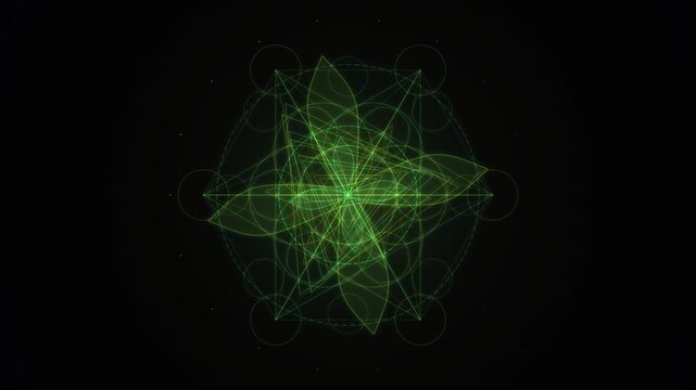 A complex green geometric star pattern glows against a dark background.