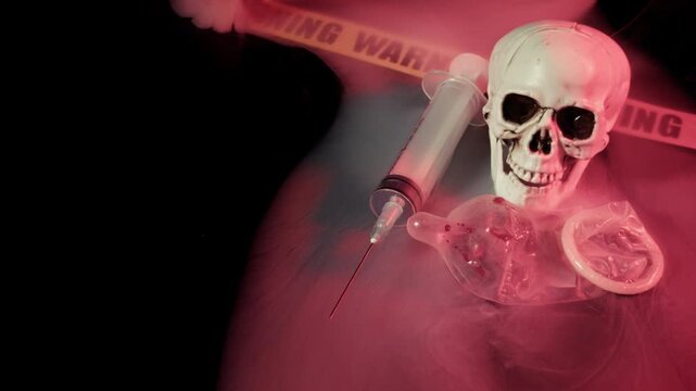 Cinematic Crime Scene with Skull  Syringe and Bloody Condom in Smoke