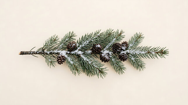 Evergreen pine tree branch decorated with small natural brown cones and covered by fresh winter snow isolated against a light cream solid background for holiday seasonal greeting card concepts