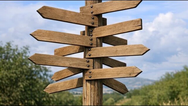 A wooden sign post with multiple wooden arrows, ideal for pointing directions or indicating routes