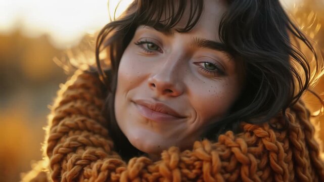 Nachdenkliche Frau im herbstlichen Strickpullover
