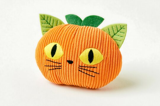 A charming 3D cat head designed with a vivid orange pumpkin face for Halloween.