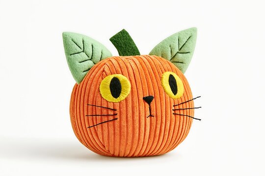 A charming 3D cat head designed with a vivid orange pumpkin face for Halloween.