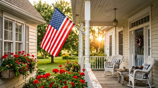 Classic american home with a vibrant flower garden and proudly displayed american flag