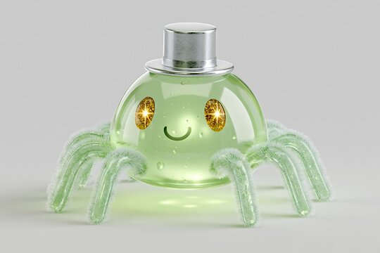 A cute plump 3D spider formed from transparent jelly-like material on white background.