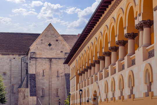 Historic cathedral beside arcaded gallery at Alba Carolina Citadel in Alba Iulia Romania
