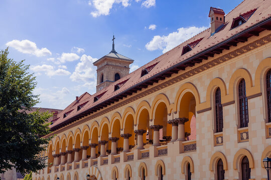 Arcaded gallery and bell tower of Coronation Cathedral in Alba Iulia Transylvania Romania