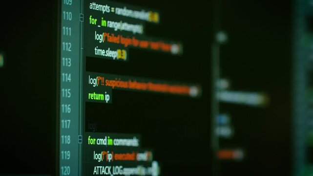 Close up random fictional code on computer screen for programing and development concept