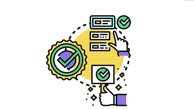 Icon representing the process of onsite document certification, showing hands interacting with digital forms, a seal of approval, and a thumbs up sign indicating successful validation and compliance