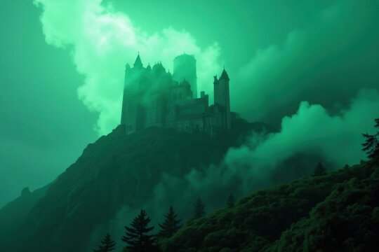 Farting Green Smoke Surrounding a Mysterious Castle on a Mountain Under a Dark Atmospheric Sky