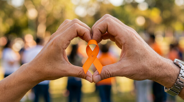 Hands making heart shape holding orange ribbon for leukemia and ADHD awareness.
