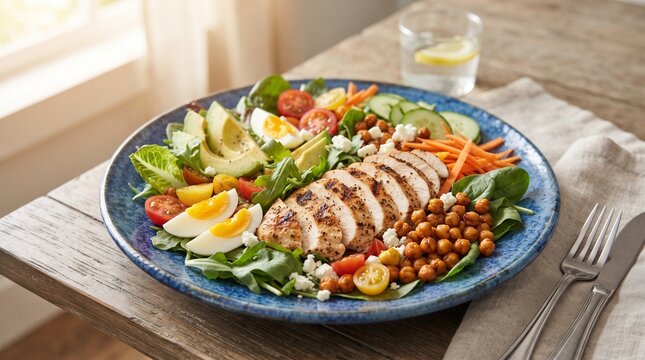Healthy fitness meal bowl with grilled chicken breast, boiled eggs, avocado slices, fresh vegetables, and roasted chickpeas served on a blue ceramic plate on a rustic wooden table background.