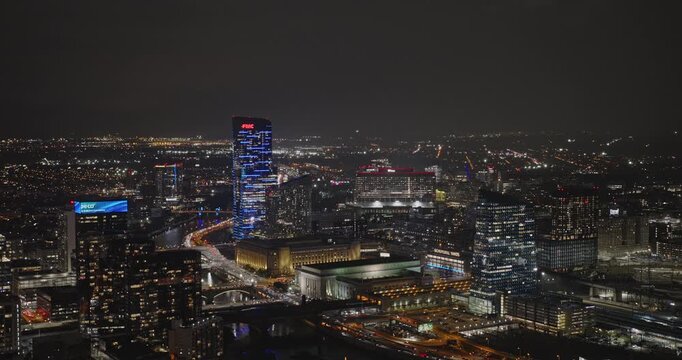 Philadelphia Pennsylvania Aerial v116 flyover Logan Square in Center City capturing views of University City cityscape across the Schuylkill River at night - Shot with 8k Camera - Sept 28th 2023