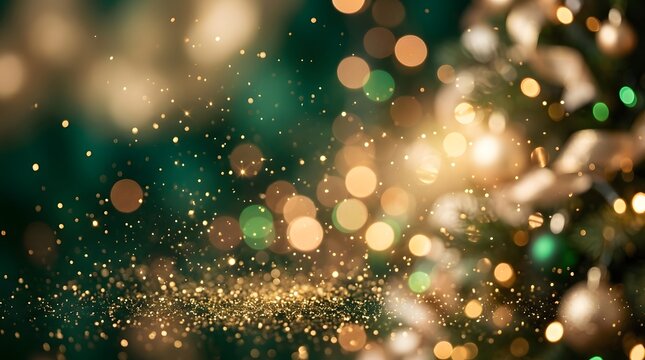 Elegant abstract Christmas background with floating golden particles, soft warm bokeh lights, deep emerald green and champagne tones, luxurious festive atmosphere, clean composition.
