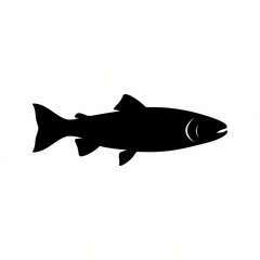Obraz premium Black silhouette of a salmon fish swimming isolated on a clean white background, minimalist graphic vector icon suitable for seafood logo and sport fishing design.