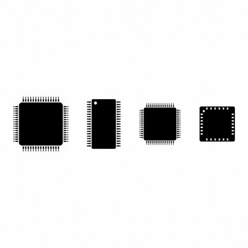 Minimalist vector set of microchip and processor integrated circuit icons arranged in a row, featuring semiconductor CPU components isolated on a plain white background for tech design.