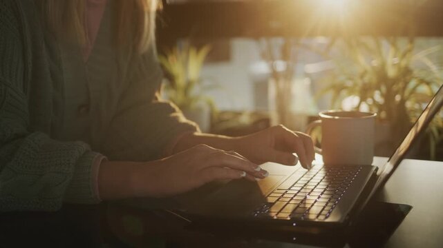 Woman hands typing on laptop keyboard in warm golden hour sunset light working remotely from home cafe.