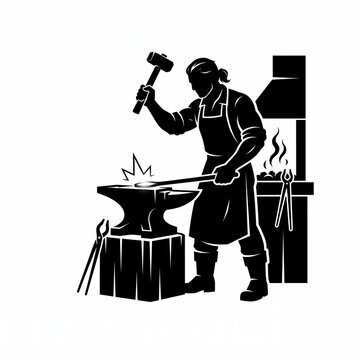 Blacksmith artisan hammering glowing metal on an anvil in a traditional forge workshop, black and white linocut style vector illustration isolated on white background.