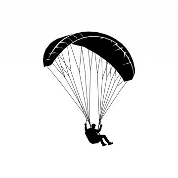 Paraglider silhouette gliding through the sky isolated on a solid white background, minimalist black graphic design of extreme outdoor adventure sport