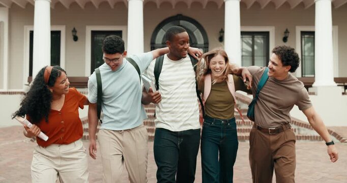 Happy, walking and man with friends at university for education, learning or hangout on break. College, group and students hug for talking, connection or community at campus, school and study outdoor
