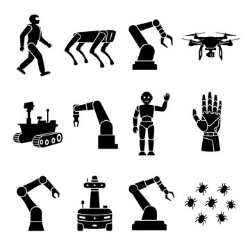 Comprehensive collection of black robotics and automation icons featuring industrial robotic arms, humanoid androids, quadruped robots, rovers, and drones on white background.