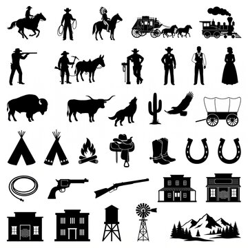 Comprehensive Wild West vector silhouette collection featuring cowboys, sheriff, native american, wildlife, weapons, and frontier town buildings on white background.
